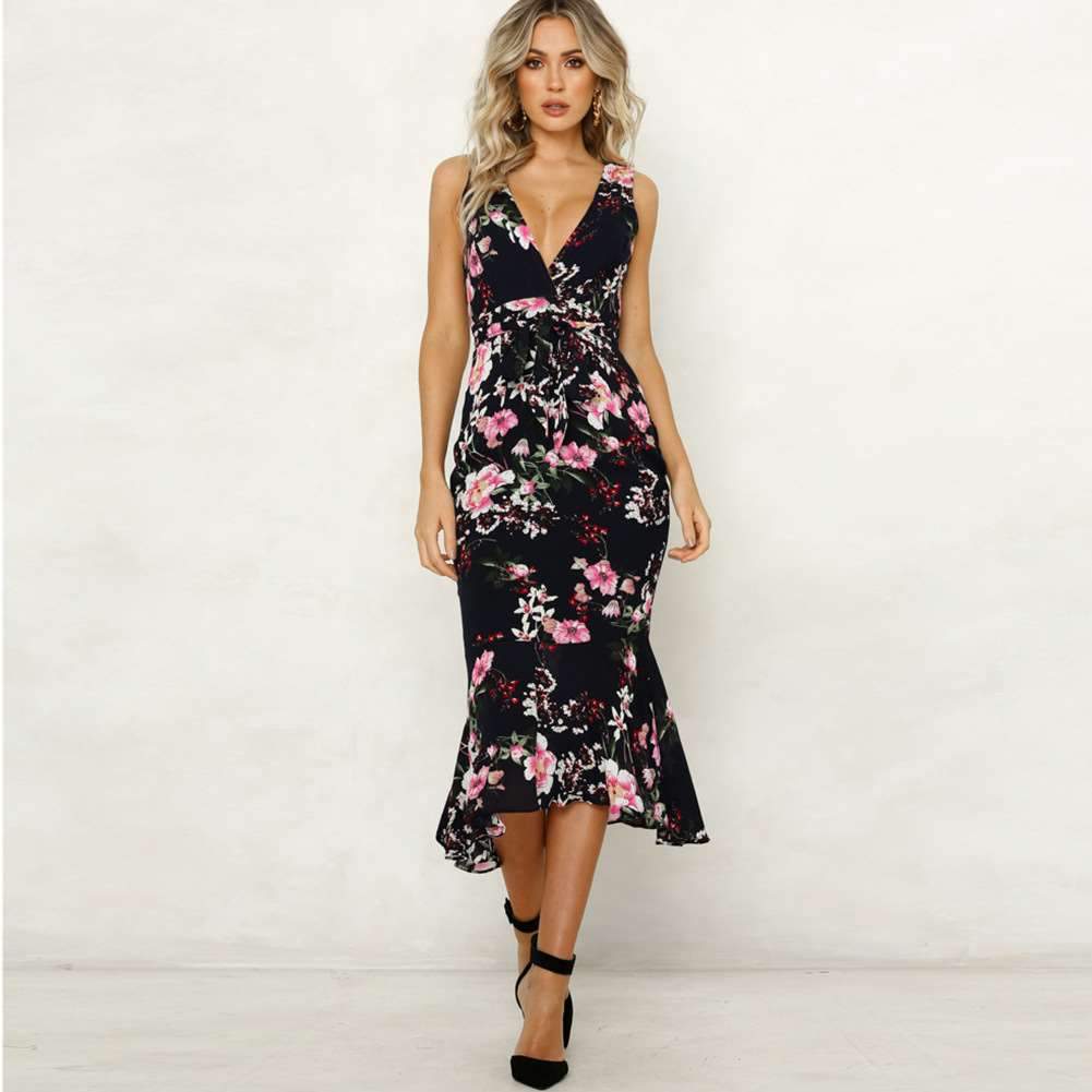 Sexy V neck Sleeveless Print Falbala Skater Dresses