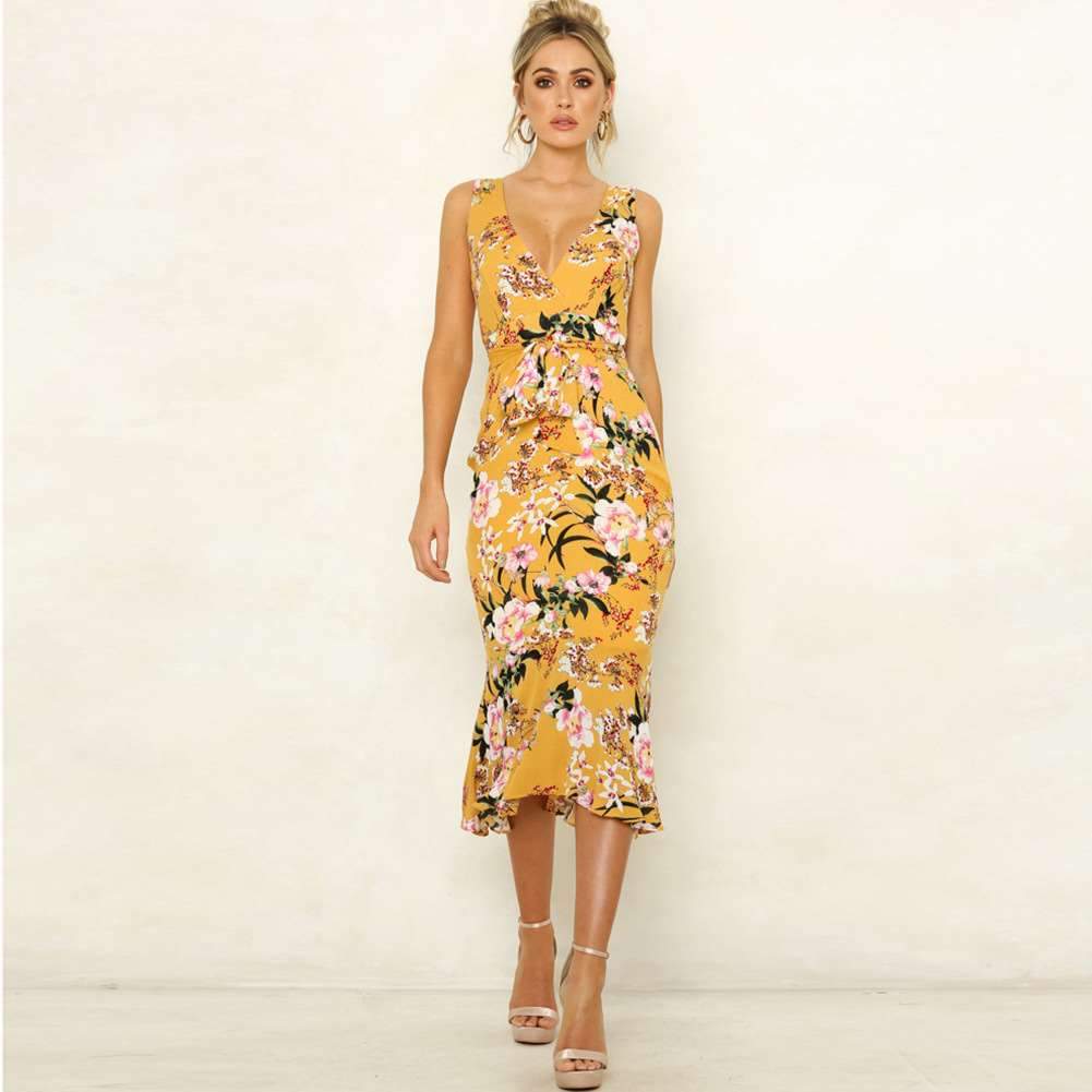 Sexy V neck Sleeveless Print Falbala Skater Dresses