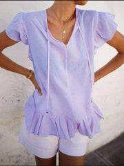 Casual  Falbala V neck Short sleeve Lacing Blouses