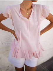 Casual  Falbala V neck Short sleeve Lacing Blouses