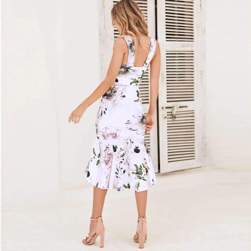 Sexy V neck Sleeveless Print Falbala Skater Dresses