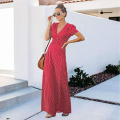 Fashion Point print Short sleeve V neck Lacing Maxi Dresses