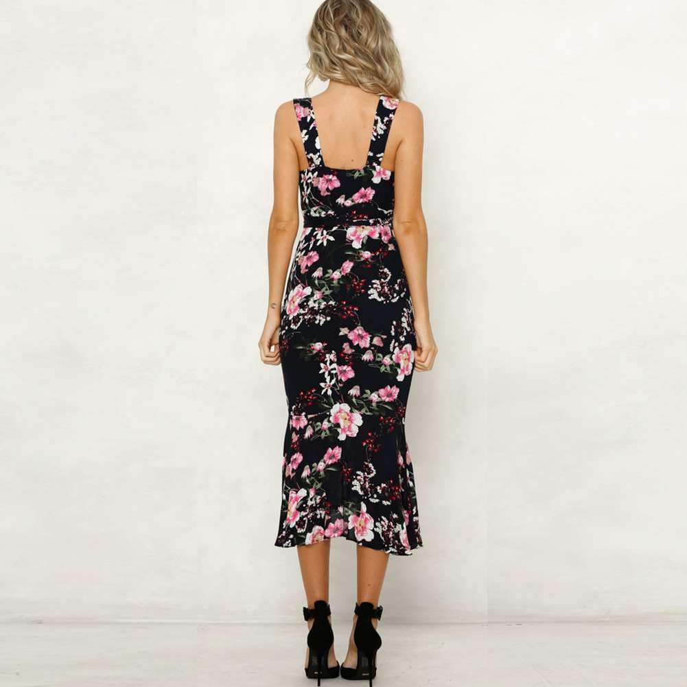 Sexy V neck Sleeveless Print Falbala Skater Dresses