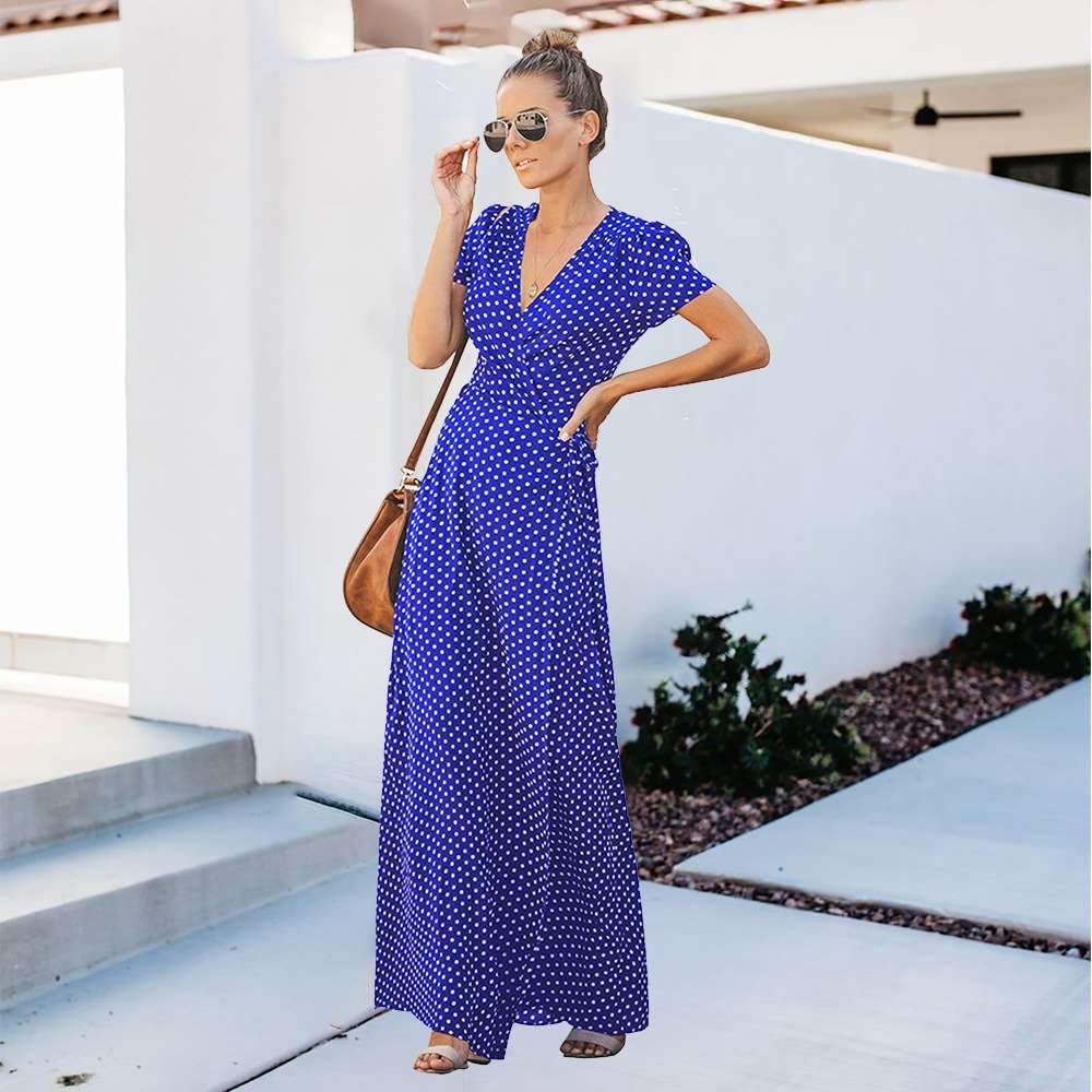 Fashion Point print Short sleeve V neck Lacing Maxi Dresses