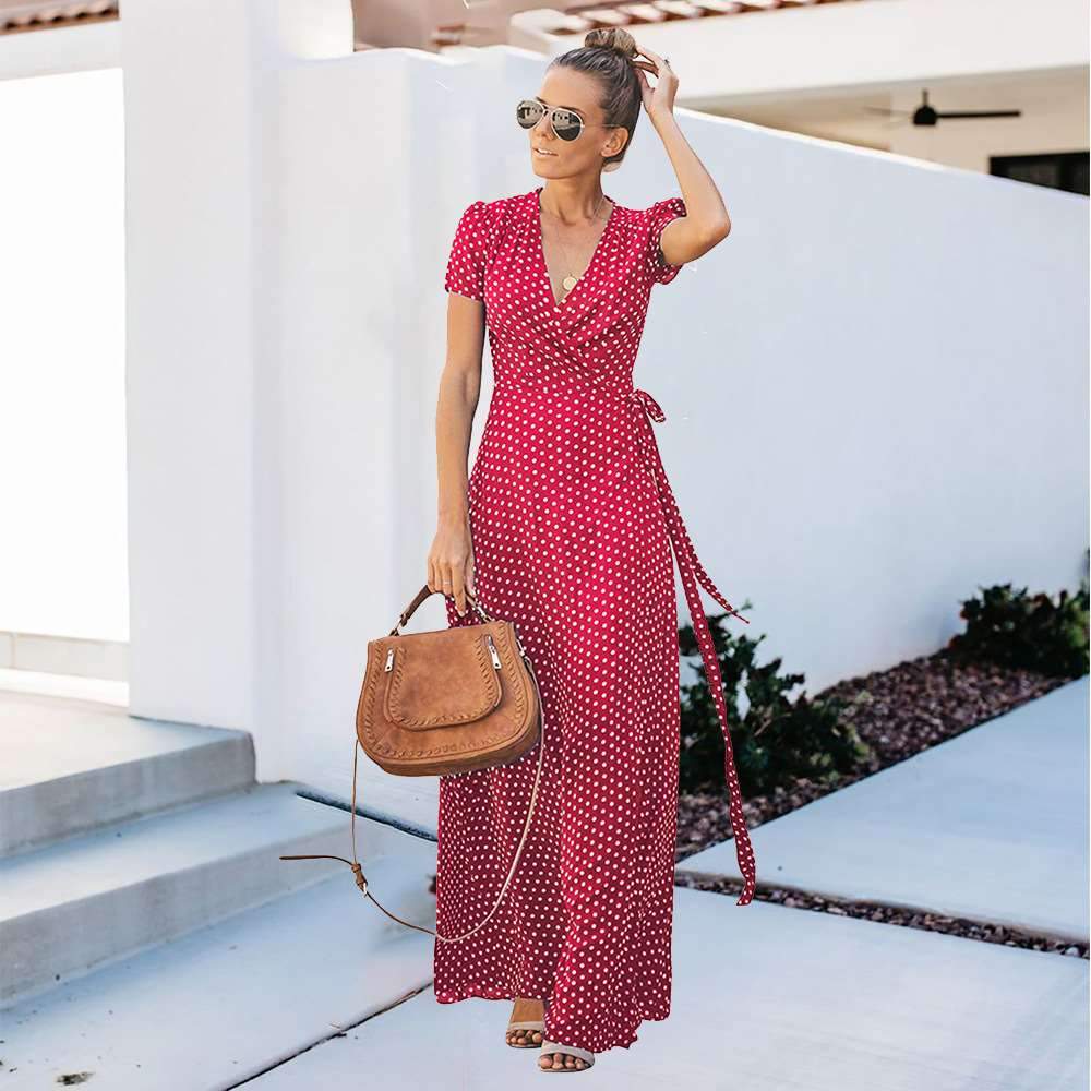 Fashion Point print Short sleeve V neck Lacing Maxi Dresses