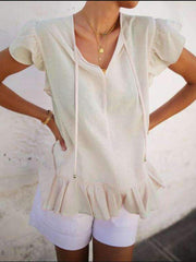 Casual  Falbala V neck Short sleeve Lacing Blouses