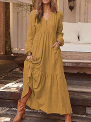 Fashion Casual Pure V neck Long sleeve Gored Maxi Dresses