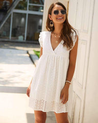 Fashion Casual Loose Hollow out V neck Falbala Shift Dresses