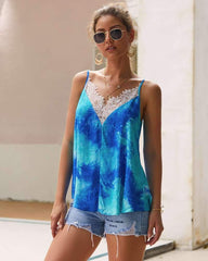 Fashion Print Lace  V neck Vests