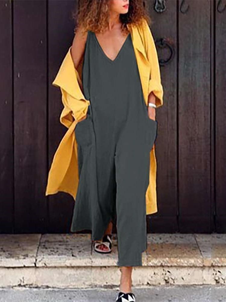 Casual Loose Pure V neck Pocket Jumpsuits