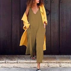 Casual Loose Pure V neck Pocket Jumpsuits
