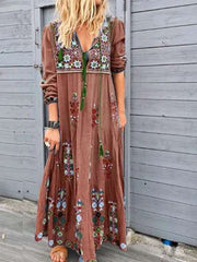 Fashion Print V neck Long sleeve Lacing Maxi Dresses