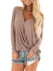 V Neck Pleated Long Sleeve Plain T-Shirts