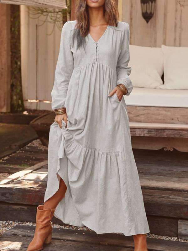Fashion Casual Pure V neck Long sleeve Gored Maxi Dresses