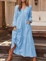 Casual Fastener Long sleeve V neck Big Hem Maxi Dresses