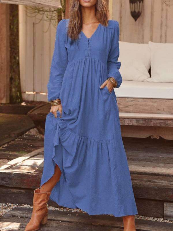 Fashion Casual Pure V neck Long sleeve Gored Maxi Dresses