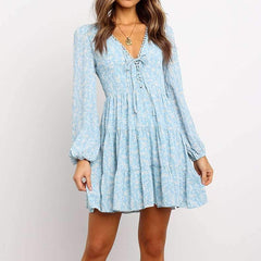 Fashion Print V neck Lacing Skater Dresses