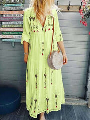 Casual V neck Print Long sleeve Maxi Dresses