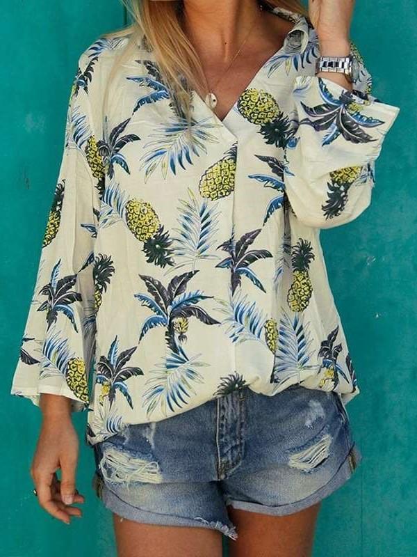 Casual Print V neck Long sleeve Blouses