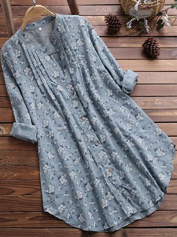 Spring New Cotton and Linen Flower Printing Long Blouses