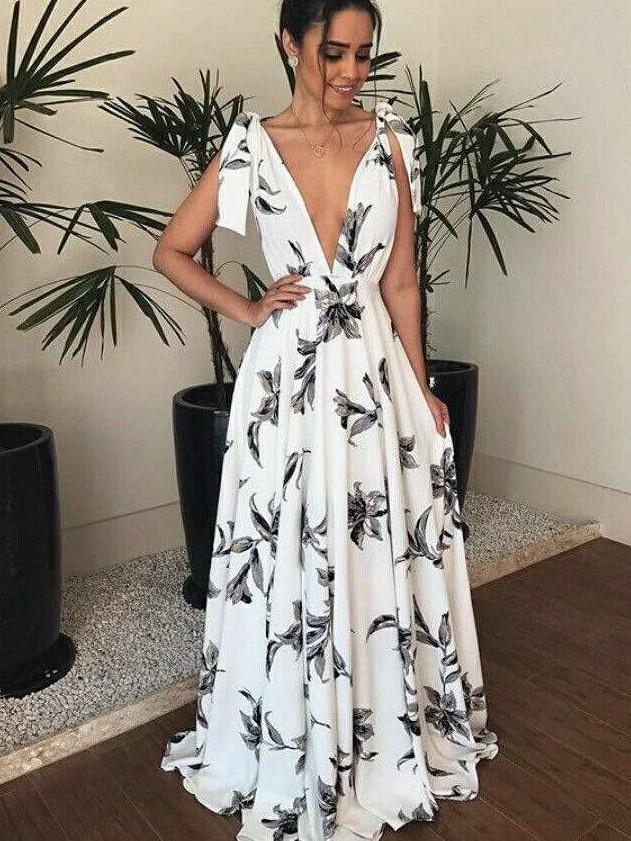 Fashion Print V neck Lacing Maxi Dresses