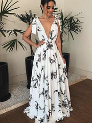 Fashion Print V neck Lacing Maxi Dresses