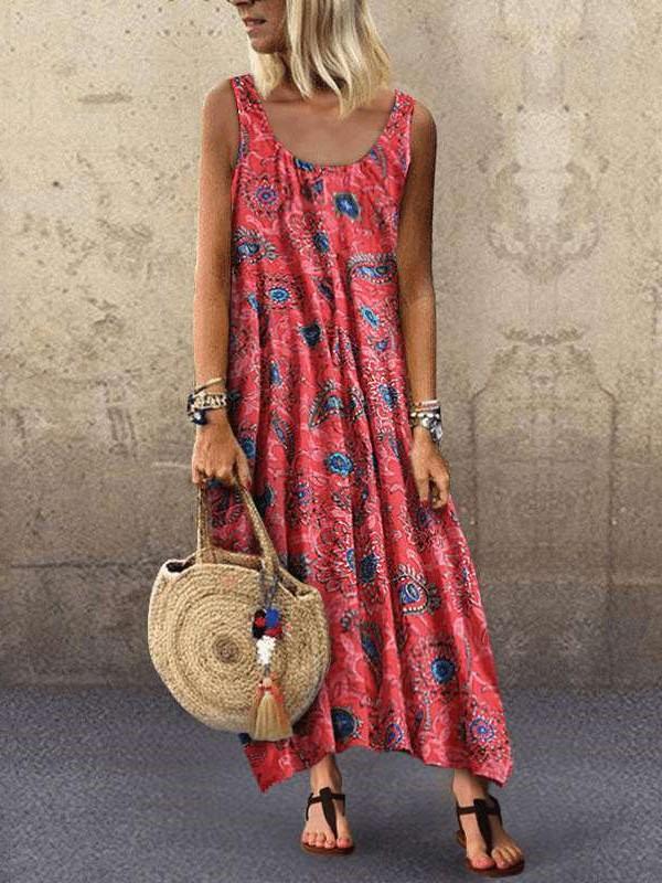 Fashion Print Vest Round neck Maxi Dresses