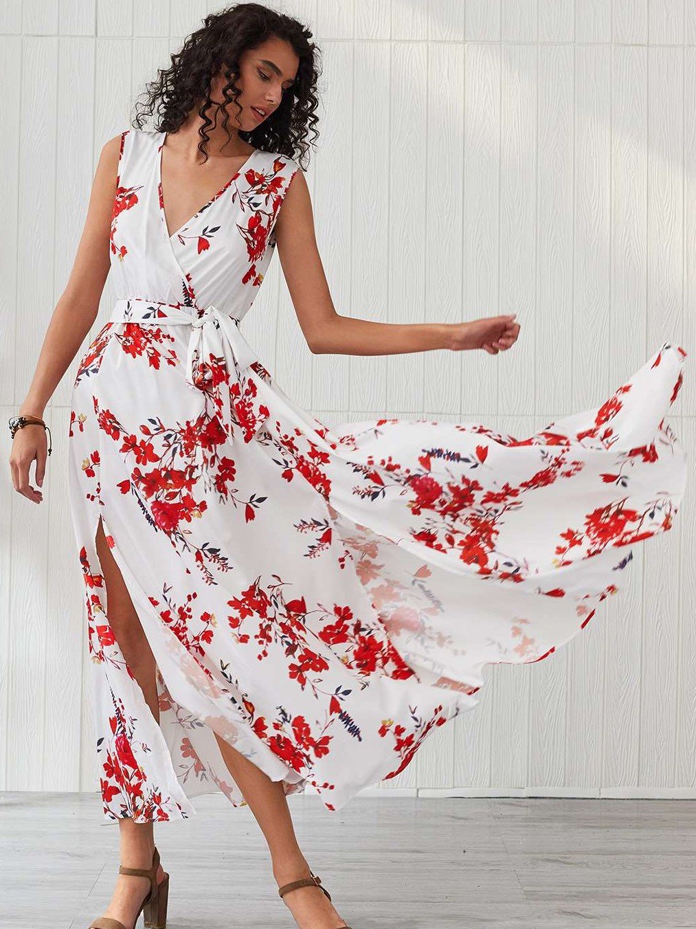 Fashion Print V neck Sleeveless Maxi Dresses