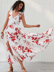 Fashion Print V neck Sleeveless Maxi Dresses
