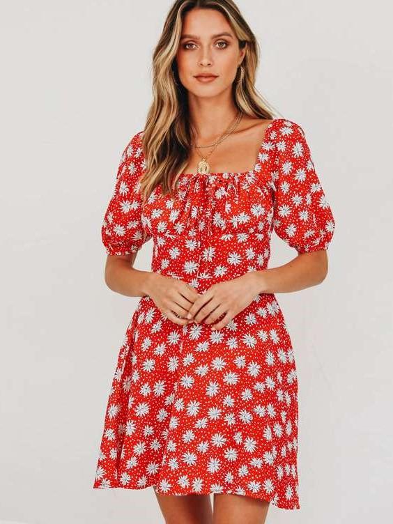 Fashion Print Short sleeve Lacing Skater Dresses
