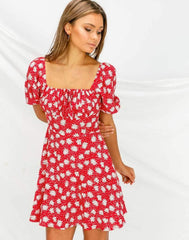 Fashion Print Short sleeve Lacing Skater Dresses