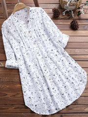 Spring New Cotton and Linen Flower Printing Long Blouses