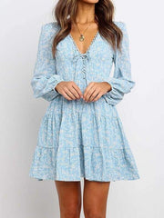 Fashion Print V neck Lacing Skater Dresses