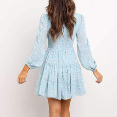 Fashion Print V neck Lacing Skater Dresses