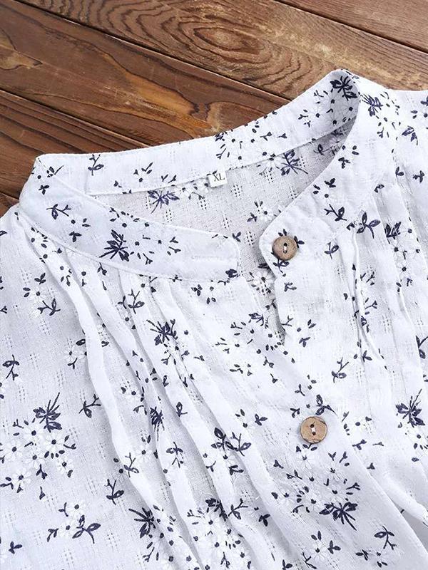 Spring New Cotton and Linen Flower Printing Long Blouses