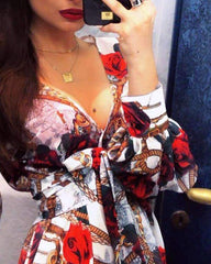 Fashion Print Long sleeve V neck Skater Dresses