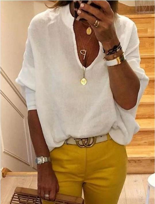 Fashion Loose V neck Women Blouses