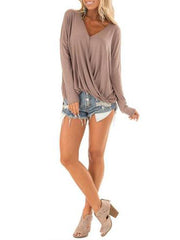 V Neck Pleated Long Sleeve Plain T-Shirts