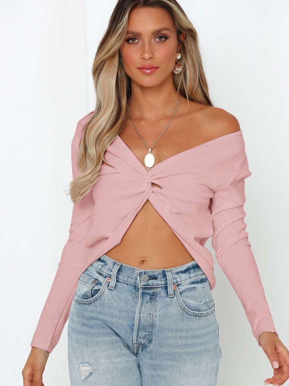 Sexy Pure Off shoulder V neck Long sleeve Sweaters