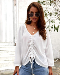 Pure V neck Knit Long sleeve Lacing T-Shirts