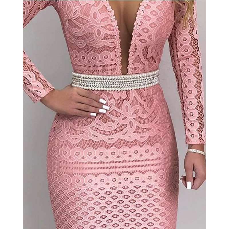 Sexy Lace Pure V neck Hollow Long sleeve Skater Dresses