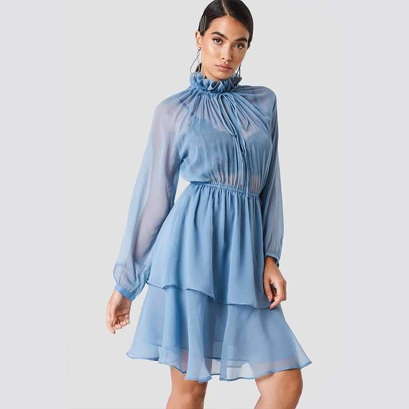 Sexy Lacing High collar Long sleeve Skater Dresses