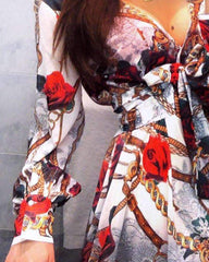 Fashion Print Long sleeve V neck Skater Dresses