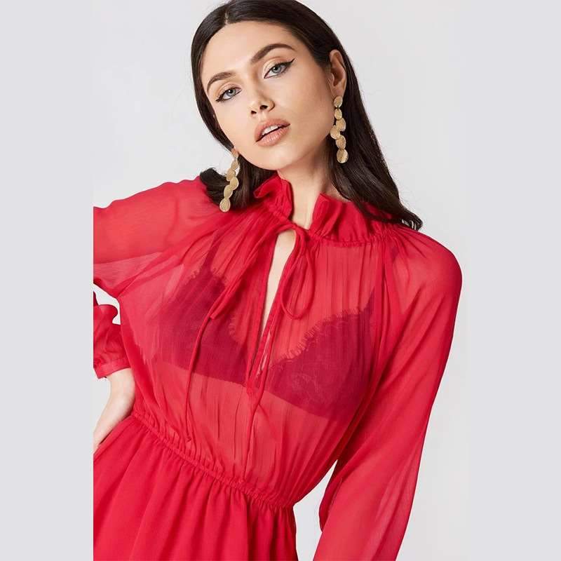 Sexy Lacing High collar Long sleeve Skater Dresses