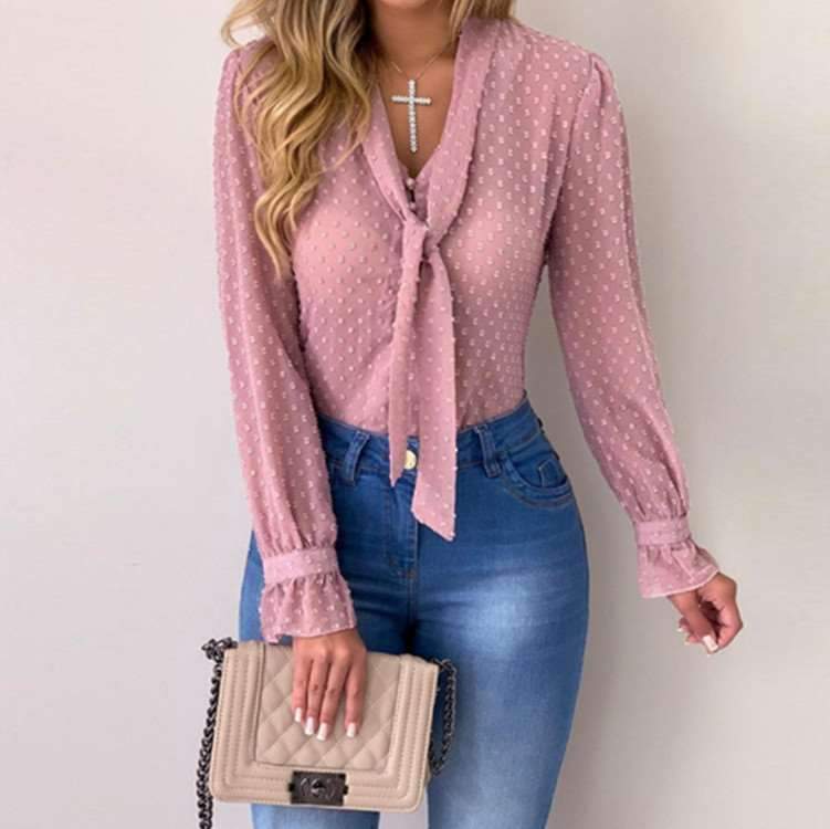 Fashion Necktie Fastener Long sleeve Blouses