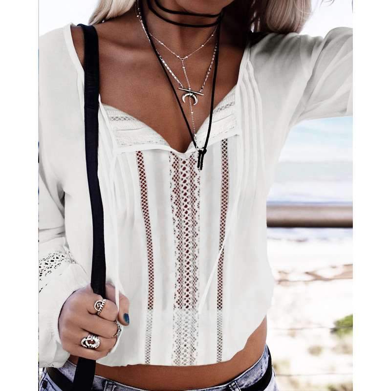 Fashion Loose Hollow V neck Long sleeve T-Shirts