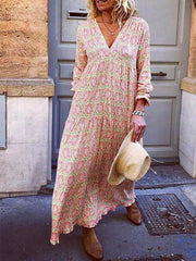 V neck long sleeve printed maxi dresses