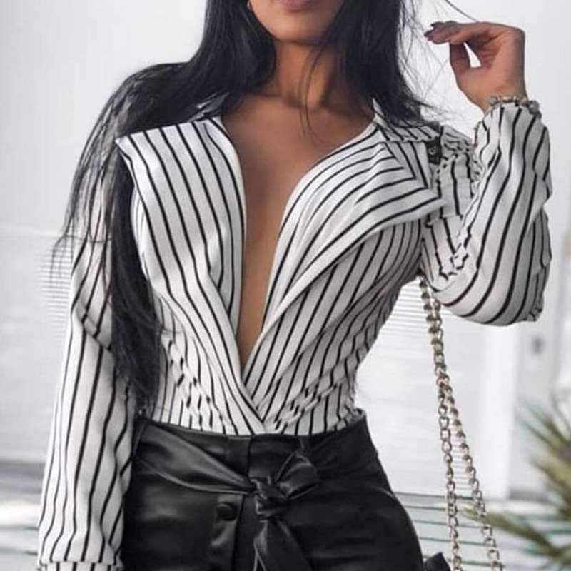 Casual Stripe Long sleeve V neck Blouses