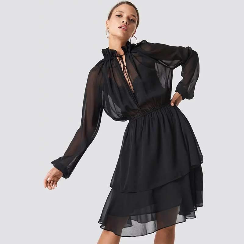 Sexy Lacing High collar Long sleeve Skater Dresses