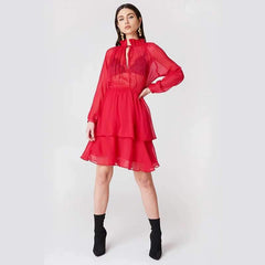 Sexy Lacing High collar Long sleeve Skater Dresses